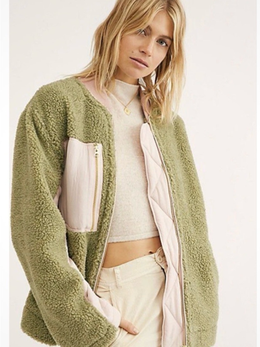 Free People Olive Green Sherpa Jacket with Pale Pink Trim